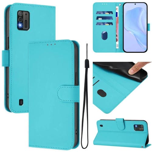 Funda de piel con textura de color liso y cordón para ZTE Blade A52 Lite (azul lago)