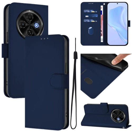 Funda de Piel para Tecno Spark 30C 5G y Pop 9 5G con Textura Lisa y Cordón (Azul Marino)