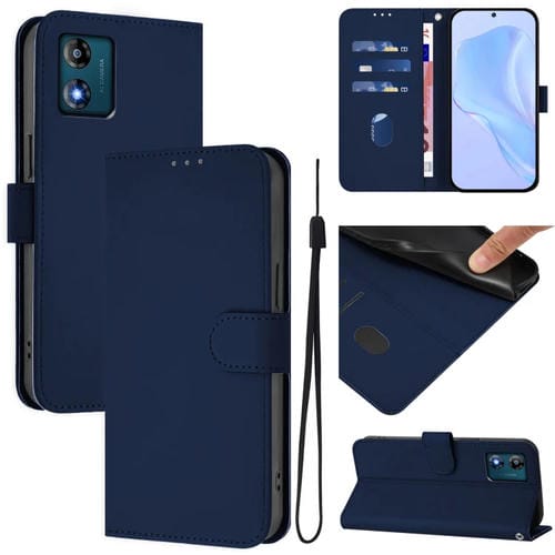 Funda de Piel Sintética con Cordón para Motorola Moto E13 (Azul Marino)