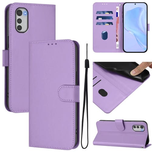 Funda de Cuero con CordĂłn para Motorola Moto E32 4G con Tacto de Piel (Morado Lavanda)