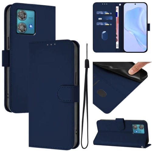 Funda de Piel con Textura para Motorola Edge 40 Neo 5G con Cordón (Azul Marino)