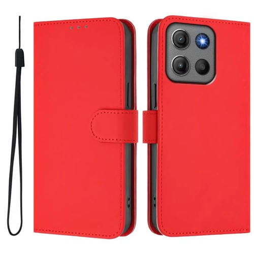 Funda de cuero con cordón para Motorola Moto G15 Power, color sólido y tacto suave (rojo)