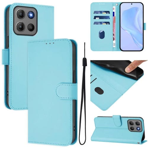 Funda de cuero con textura de piel y cordón para Motorola Moto G15 Power (azul cielo)