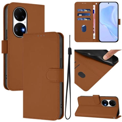 Funda de Piel Sintética con Cordón para Huawei P50 Pro (Marrón)