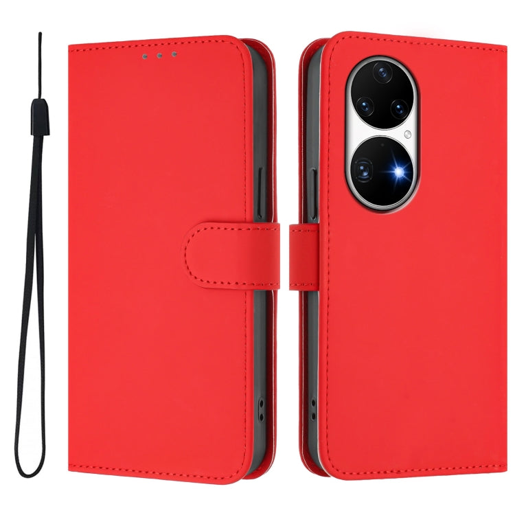 Funda de Piel con Cordón para Huawei P50 Pro con Tacto de Piel (Rojo)