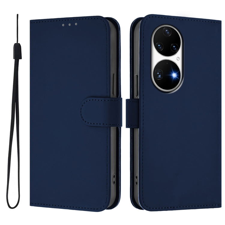 Funda de Piel para Huawei P50 Pro con Textura y Cordón (Azul Marino)