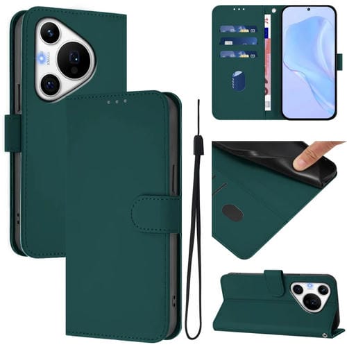 Funda de Cuero con Cordón para Huawei Pura 70 Pro / 70 Pro+ con Tacto de Piel (Verde Oscuro)