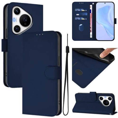 Funda de Cuero con Cordón para Huawei Pura 70 Pro y 70 Pro+ con Textura de Piel (Azul Marino)