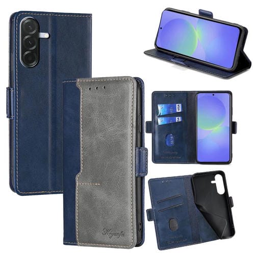 Funda de cuero con hebilla lateral en color de contraste para Samsung Galaxy A36 5G (azul y gris)