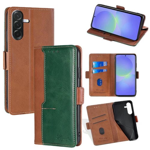 Funda de cuero con hebilla lateral en color de contraste para Samsung Galaxy A36 5G (marrón claro y verde)