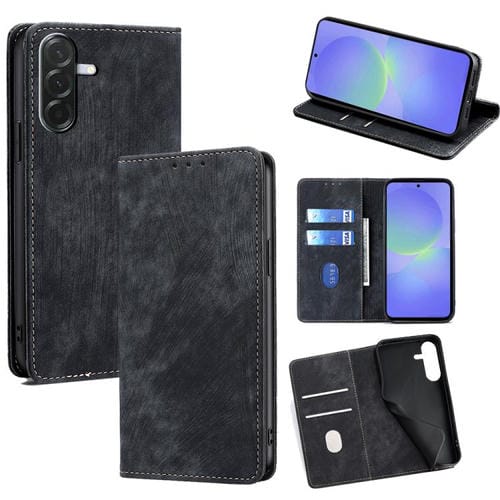 Funda de cuero magnética con cepillo antirrobo RFID para Samsung Galaxy A36 5G (negra)