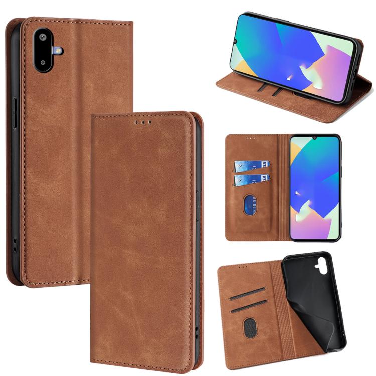 Funda de cuero magnética con textura de piel para Samsung Galaxy F06 5G (marrón claro)