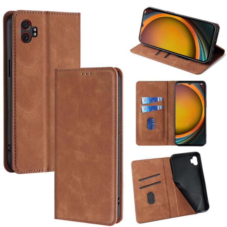 Funda de cuero magnética con textura de piel para Samsung Galaxy Xcover 7 Pro 5G (marrón claro)