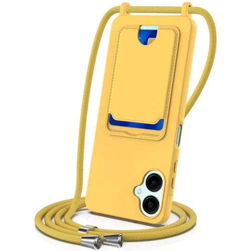 Funda de silicona líquida con cordón para Samsung Galaxy A06 5G, color sólido, con tarjetero integrado (amarilla)