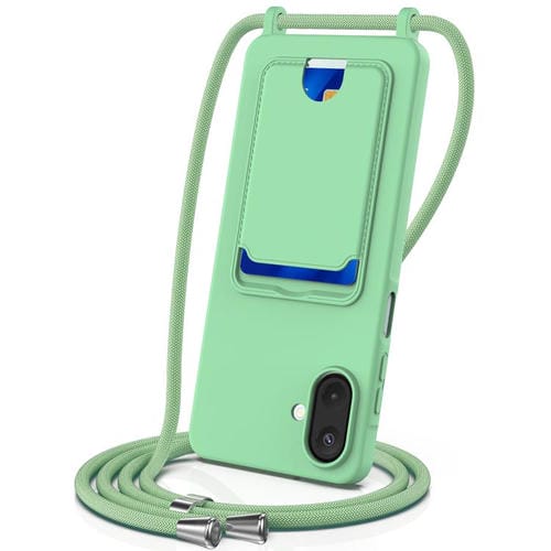 Funda de silicona líquida con cordón para Samsung Galaxy A07 5G, color sólido, con tarjetero integrado (verde)