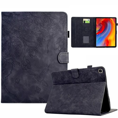 Funda para Tablet Samsung Galaxy Tab A7 Lite T220 de Piel con Estampado de Flores y Pájaros (Negra)