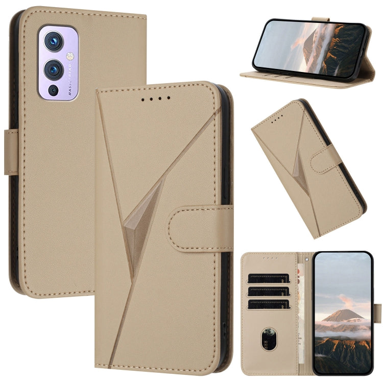 Funda de Cuero para OnePlus 9 con Cierre de Hebilla y Diseño Triangular (Dorada)