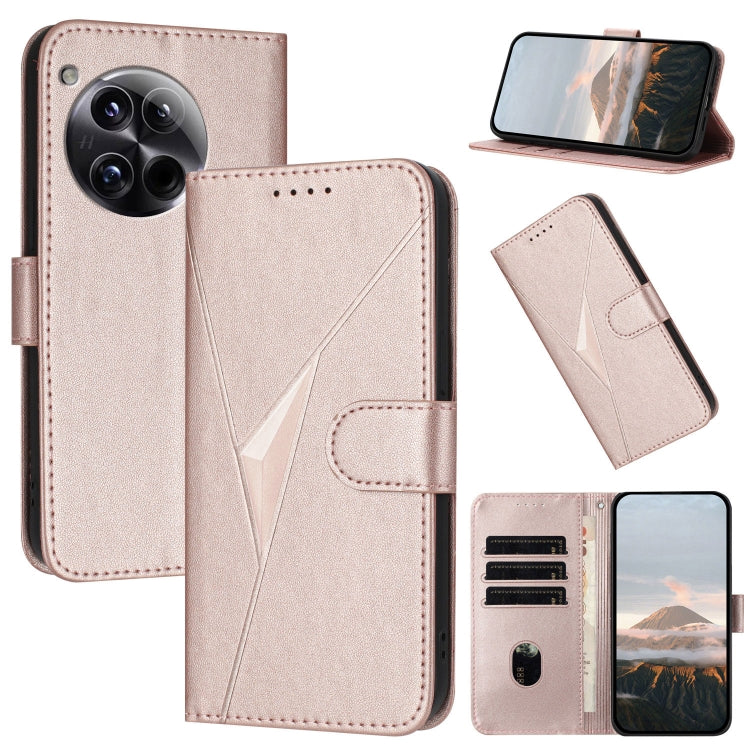 Funda de Cuero para OnePlus 12 con Cierre de Hebilla y Diseño Triangular (Oro Rosa)