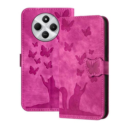 Funda de Cuero con Tapa y Diseño de Mariposa y Gato para Redmi A4 5G (Rosa)