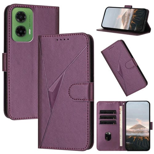 Funda de Cuero Motorola Moto G35 con Cierre de Hebilla y Diseño Triangular (Morado Oscuro)