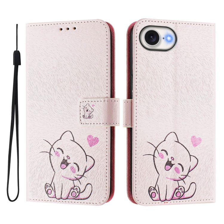 Funda de Cuero para iPhone 16E Diseño de Dibujo Artístico (Lindo Gato)