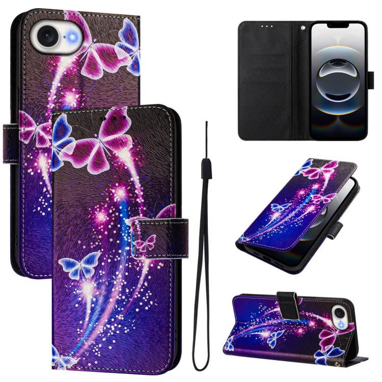 Funda de Cuero para iPhone 16E con Diseño de Dibujo Artístico Mariposa de Fuegos Artificiales (Color)