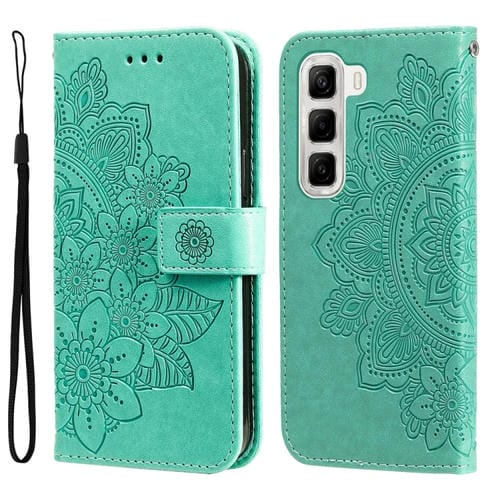 Funda de Cuero con Relieve de Flores Siete Pétalos para Infinix Hot 50 4G (Verde)