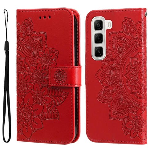 Funda de Cuero con Relieve Flores de Siete Pétalos para Infinix Hot 50 4G (Rojo)