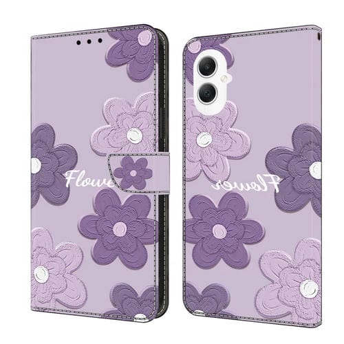 Funda de Cuero Pintada a Mano Samsung Galaxy A05 Flores de Color Morado Oscuro