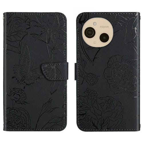 Funda de Cuero con Tapa para Sharp Aquos Sense9 con Diseño de Mariposas en Relieve (Negro)