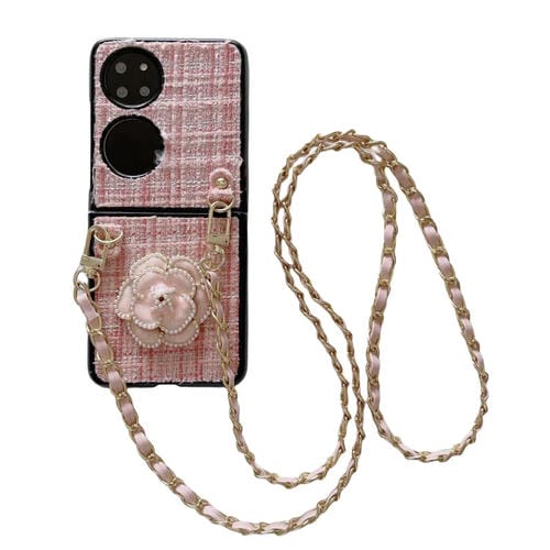 Funda para Teléfono Huawei P50 Pocket Camellia Plaid Fabric PC con Cordón Largo (Rosa)