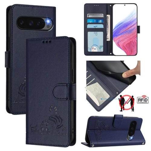 Funda de Cuero Rfid para Google Pixel 10 Pro XL 5G Global con Estampado de Rata y Gato en Relieve y Cordón (Azul)