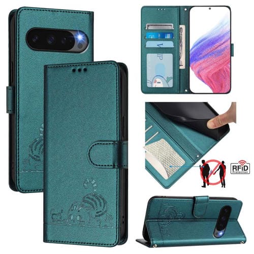 Funda de Cuero Rfid para Google Pixel 10 5G Global con Estampado de Rata y Gato en Relieve y Cordón (Verde Pavo Real)