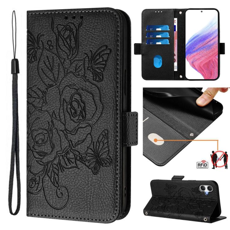 Funda de cuero antirrobo RFID con relieve rosa para Samsung Galaxy A07 4G (negra)