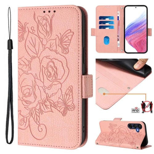 Funda de cuero antirrobo RFID con relieve rosa para Samsung Galaxy A17 4G (rosa)