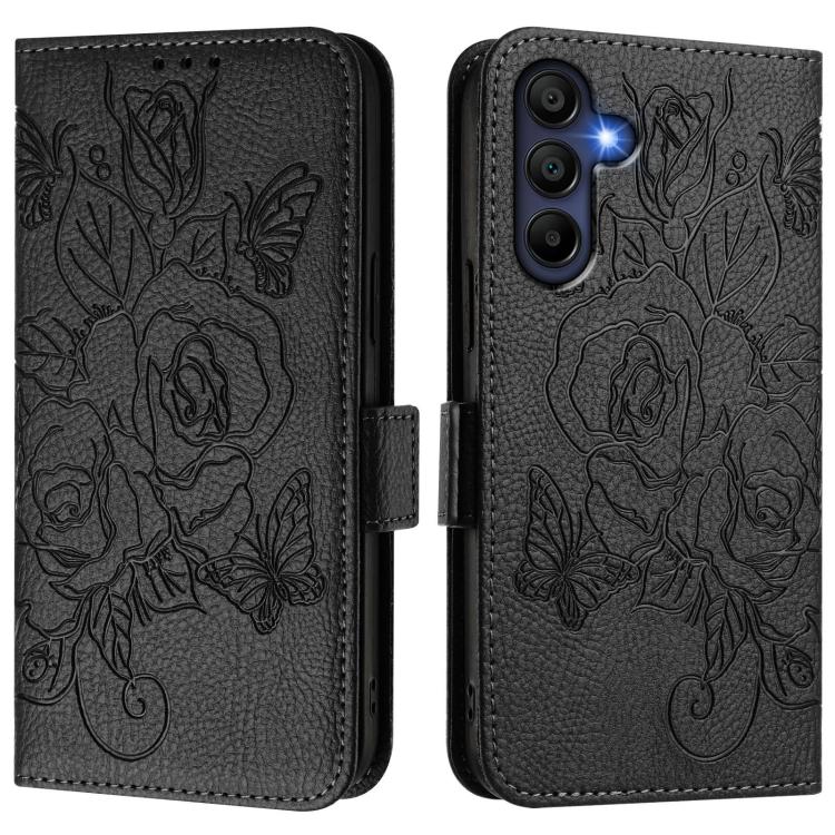 Funda de cuero antirrobo RFID con relieve rosa para Samsung Galaxy A17 4G (negra)