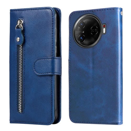 Funda de Piel Sintética con Cremallera y Textura de Becerro para Tecno Camon 30 Pro (Azul)