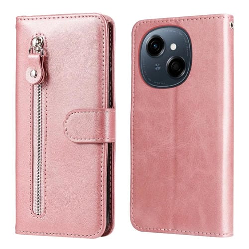 Funda de Piel Textura de Becerro con Cremallera para Tecno Spark Go 1 Pop 9 Spark Go 2025 (Oro Rosa)