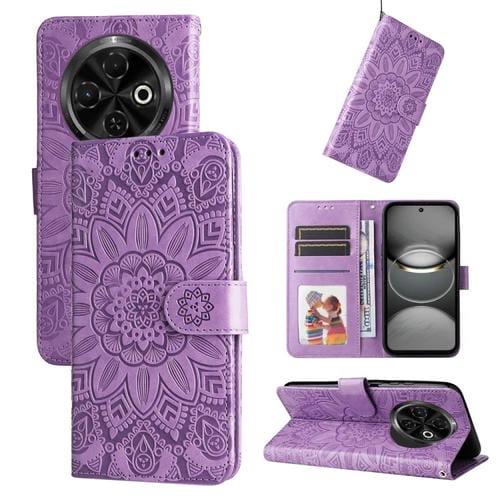 Funda de Piel para Tecno Spark 30C con Diseño de Girasol en Relieve (Morado)