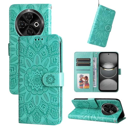 Funda de Piel para Tecno Spark 30C con Diseño de Girasol en Relieve (Verde)