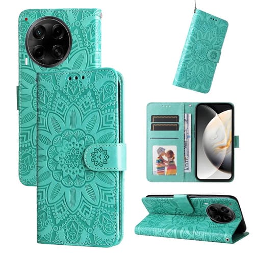 Funda de Piel con Relieve Girasol para Tecno Camon 30S y 30S Pro (Verde)
