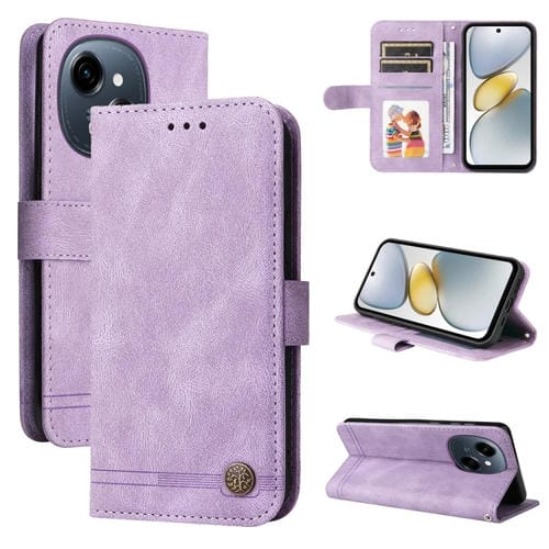 Funda de Cuero para Tecno Spark Go 1 / Pop 9 / Spark Go 2025 con Botones de Metal y Diseño Árbol de la Vida (Morado)