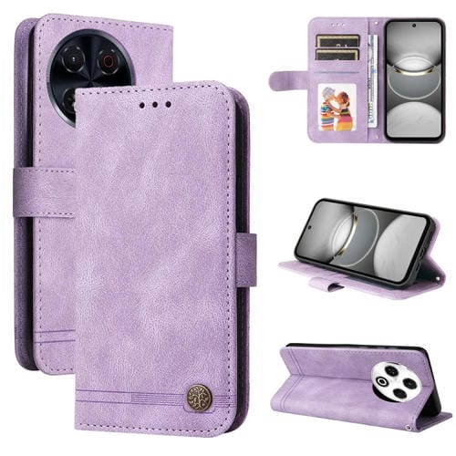 Funda de Cuero para Tecno Spark 30 4G con Botones de Metal y Diseño Árbol de la Vida (Morado)
