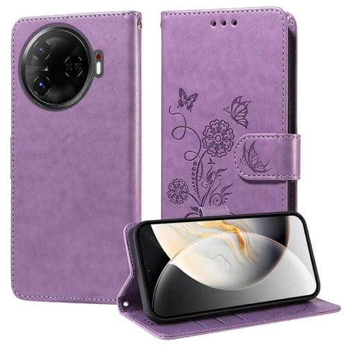 Funda de Cuero para Tecno Camon 30 Pro con Diseño de Mariposas y Flores en Relieve (Morado)