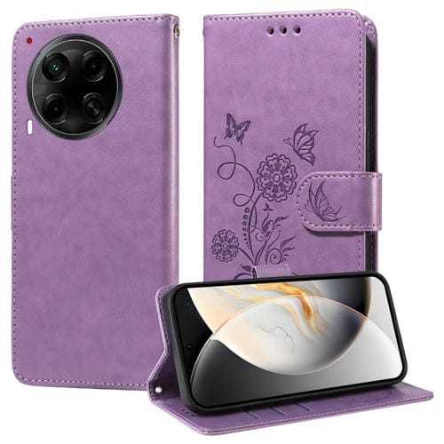 Funda de Cuero para Tecno Camon 30S y 30S Pro con Diseño de Mariposas y Flores en Relieve (Morado)