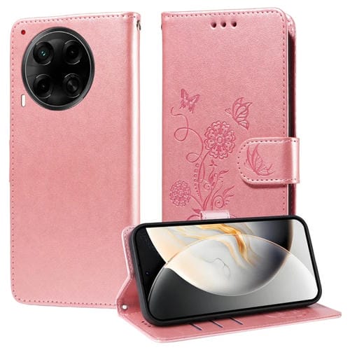 Funda de Cuero para Tecno Camon 30S y Camon 30S Pro con Diseño de Mariposas y Flores en Relieve (Oro Rosa)