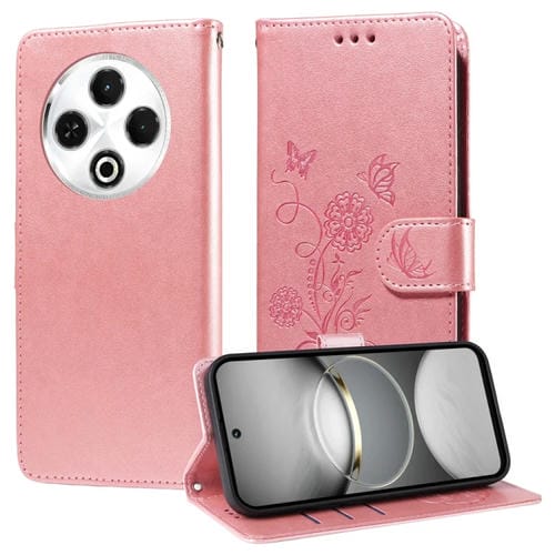 Funda de Cuero para Tecno Spark 30 4G con Diseño de Mariposas y Flores en Relieve (Oro Rosa)