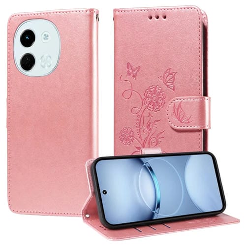 Funda de Cuero para Tecno Spark 30 5G Pova 6 Neo 5G con Diseño de Mariposas y Flores en Relieve (Oro Rosa)