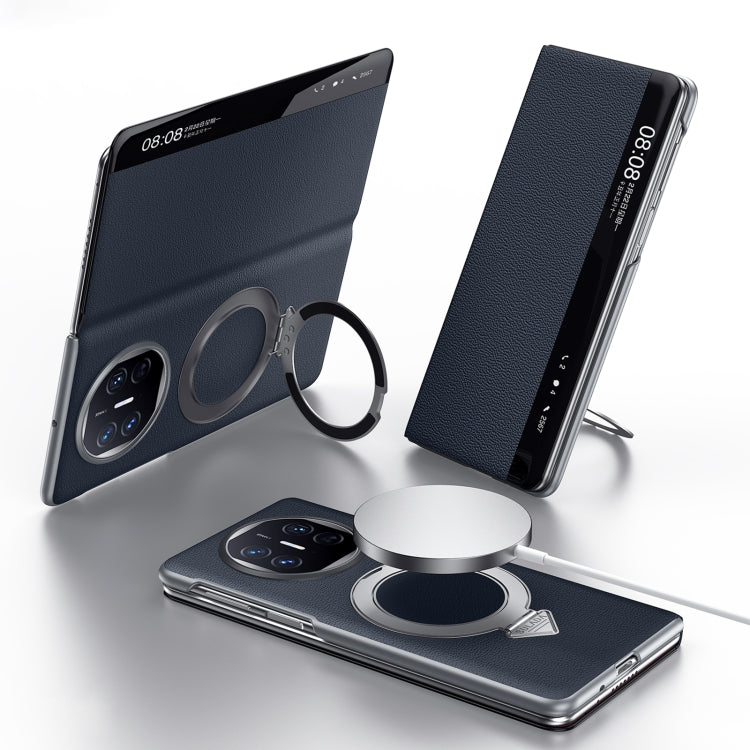 Funda de Cuero con Soporte Magnético Magsafe y Ventana Smart View para Huawei Mate X5/X3 (Azul)