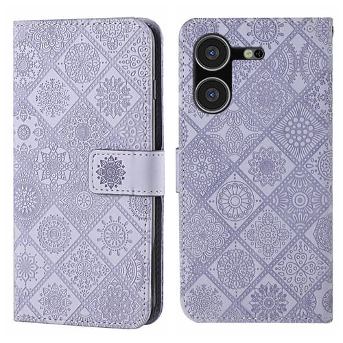 Funda de Cuero para Tecno Pova 5 con Patrón en Relieve Estilo Étnico (Morado)